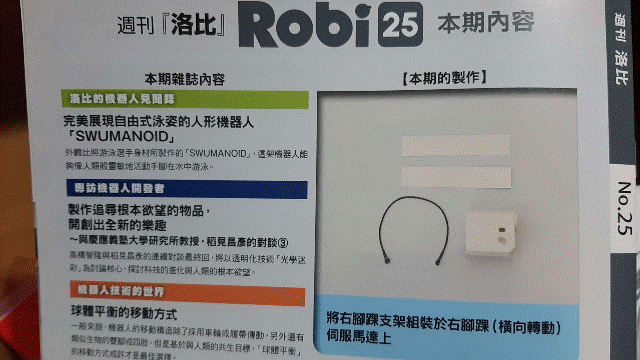 週刊「洛比」Robi 25 本期內容(將右腳踝支架組裝於右腳踝(橫向轉動)伺服馬達上).gif